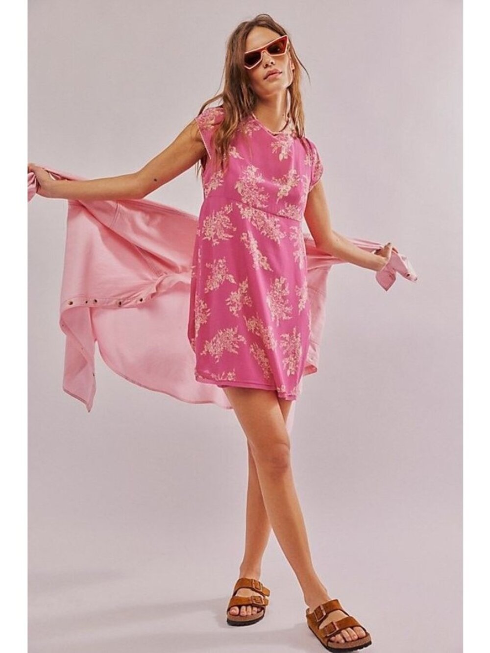 Free People Mazzi Pink Floral Mini Dress Cap Sleeves Keyhole Back Size XS